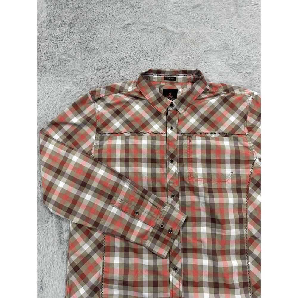 Prana Shirt Mens XL Red Brown White Plaid Slim Fit Polyester Button Up Outdoor